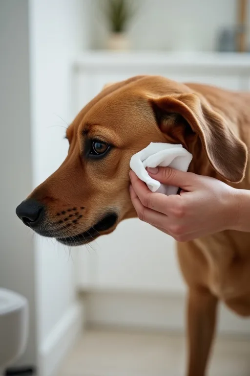 En hundägare rengör försiktigt hundens öra hemma med en mjuk pad.