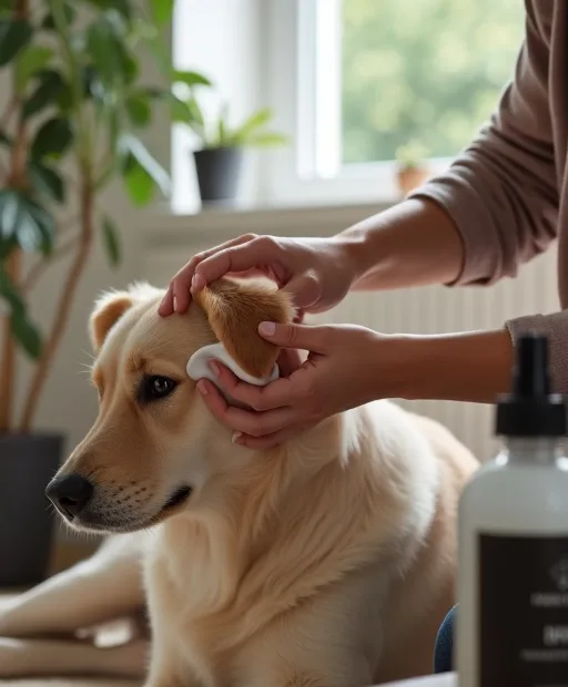 Hundägare som varsamt rengör hundens öra hemma med skonsam öronvård