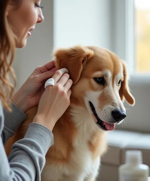 Hundägare som försiktigt rengör hundens öra hemma med skonsam öronrengöring.