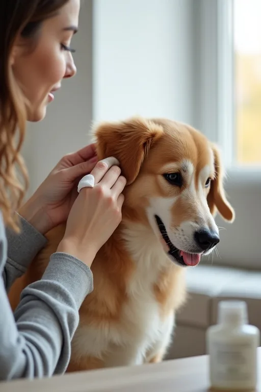 Hundägare som försiktigt rengör hundens öra hemma med skonsam öronrengöring.