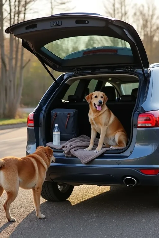 Hundägare som planerar en lugn bilresa med hund vid en rastplats i Sverige.