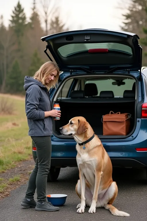 Reseutrustning för hund med vattenflaska och hopfällbar skål inför en tur i Sverige.
