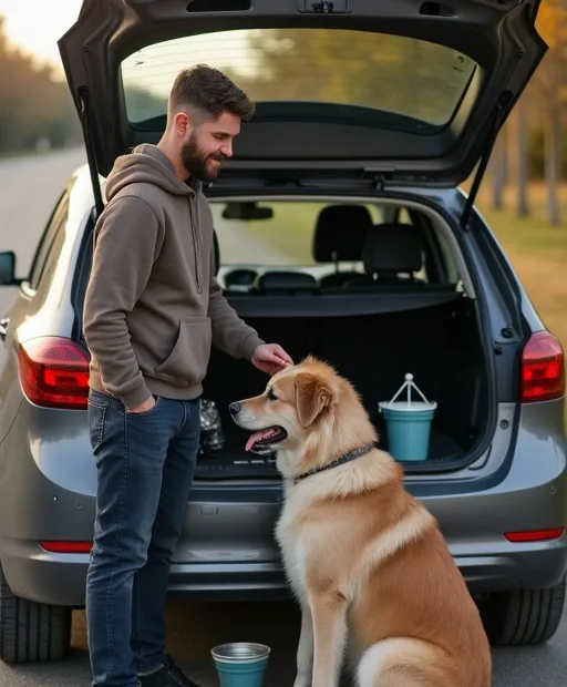 Hundägare som förbereder resa med hund vid bilen med vattenflaska och hopfällbar skål.
