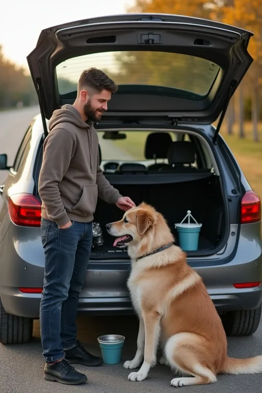 Hundägare som förbereder resa med hund vid bilen med vattenflaska och hopfällbar skål.