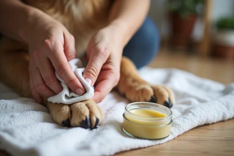 Hundägare som skonsamt rengör hundens tassar hemma med våtservett och tassalva bredvid.