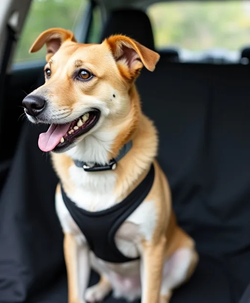 Hund säkrad med bilsele i baksätet med baksätesskydd i bilen