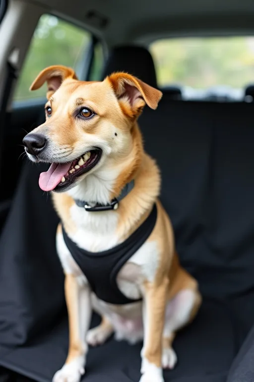 Hund säkrad med bilsele i baksätet med baksätesskydd i bilen