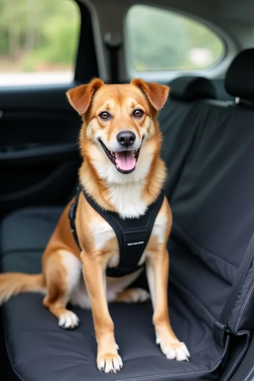Lugn hund i bilen med förberedelser för en tryggare längre resa