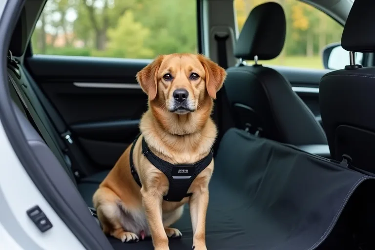 Hund sitter lugnt i bilen under en säker bilresa
