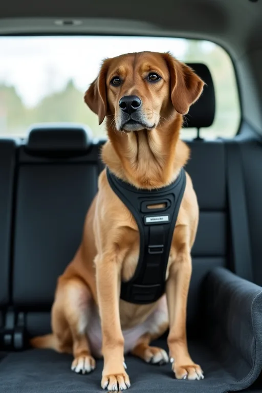Hund med bilsele som sitter lugnt i baksätet.