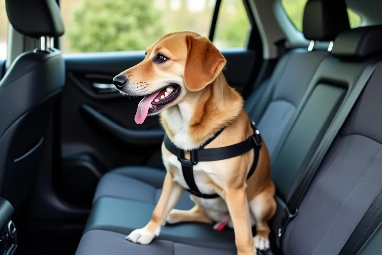 Hund säkrad i baksätet med bilsele och baksätesskydd i bilen