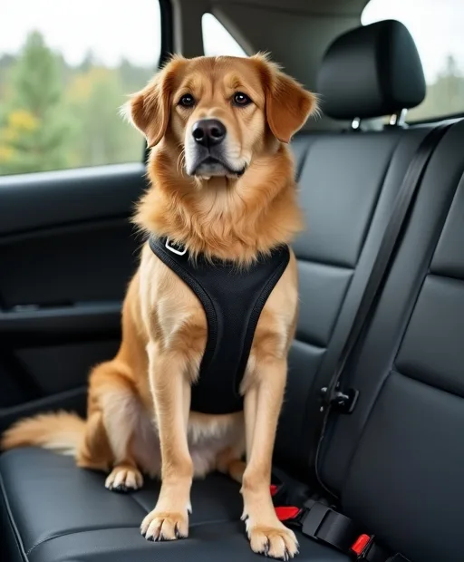 Hund sitter säkert i bilens baksäte med bilsele och baksätesskydd.