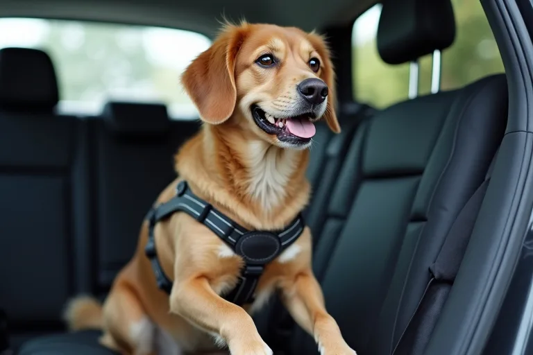 Hund som åker lugnt i bilen under längre resa med säker fastsättning
