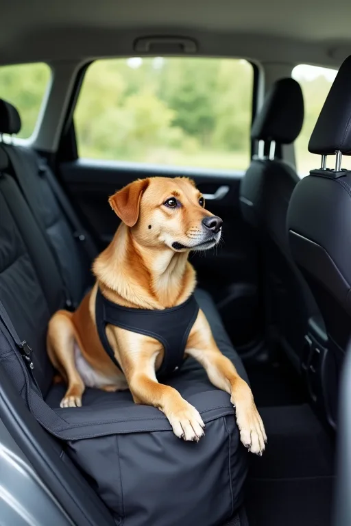 Hund i baksätet med säker bilsele under en vanlig bilresa