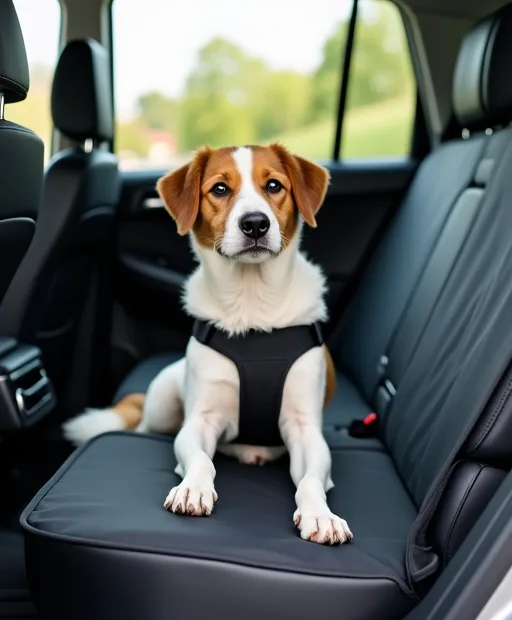 Hund sitter säkert i baksätet med bilsele och baksätesskydd i bilen
