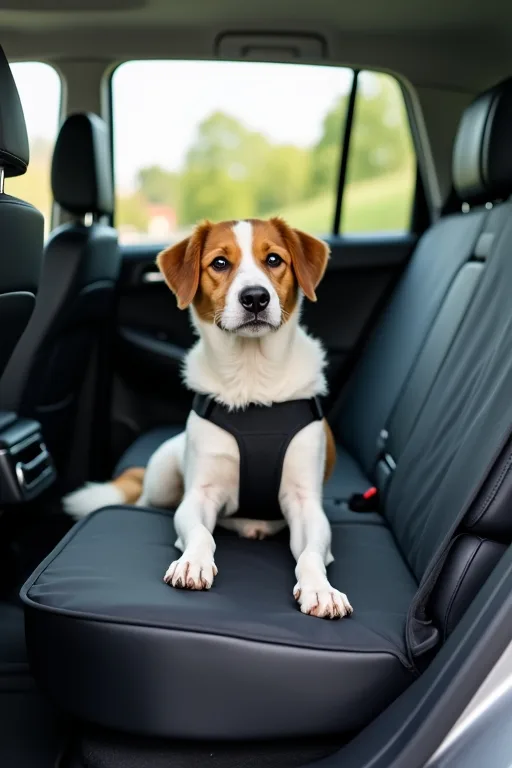 Hund sitter säkert i baksätet med bilsele och baksätesskydd i bilen