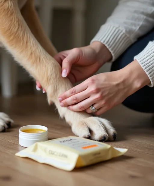 Hundägare som sköter om hundens tassar hemma med tassalva och våtservetter.