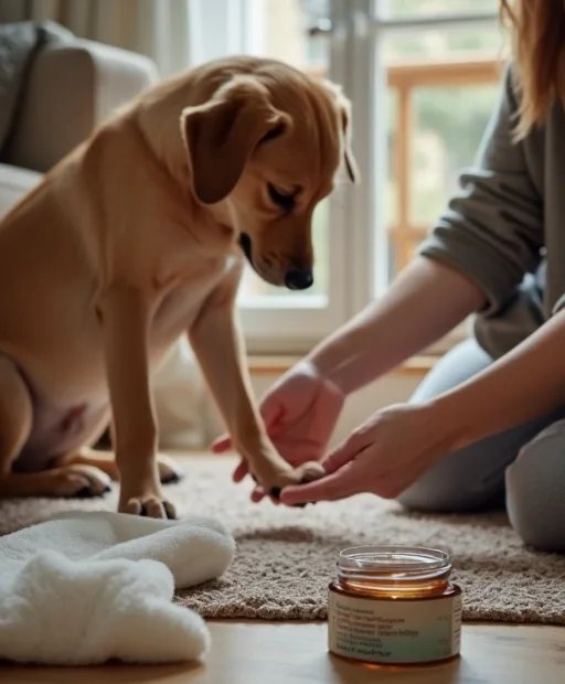 Hundägare som rengör och kontrollerar hundens tassar hemma med våtservetter och tassalva.