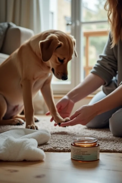 Hundägare som rengör och kontrollerar hundens tassar hemma med våtservetter och tassalva.