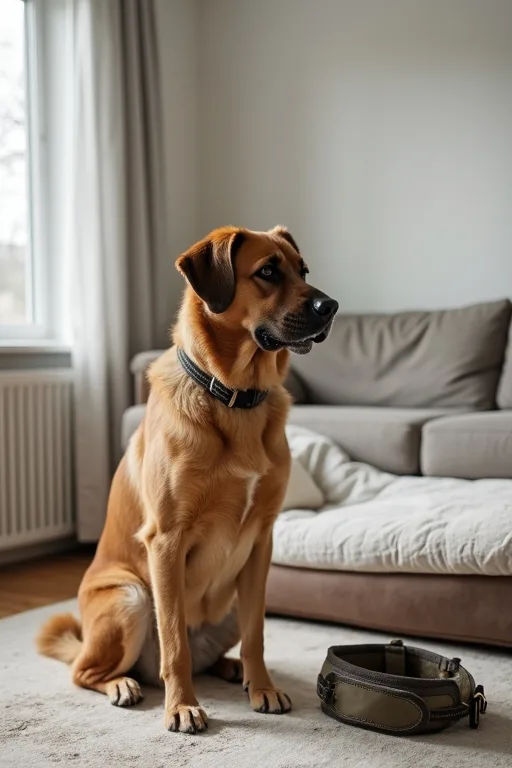 Stor hundsele och sovplats anpassad för en större hund i hemmiljö