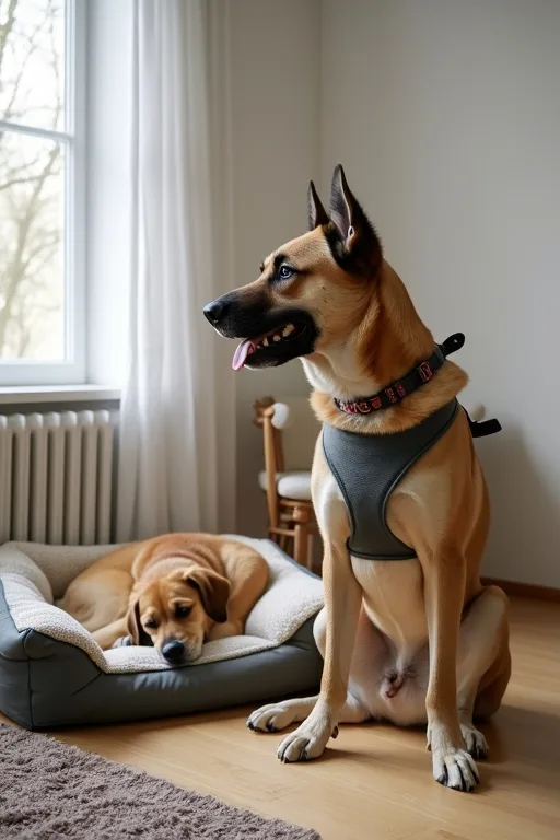 Stor hundras i ett lugnt hem med sele och ortopedisk bädd.