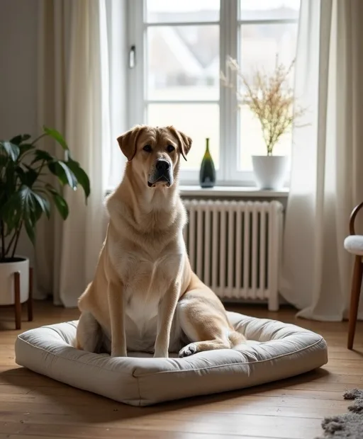 Stor hundras i ett lugnt hem med ortopedisk bädd och sele nära till hands.