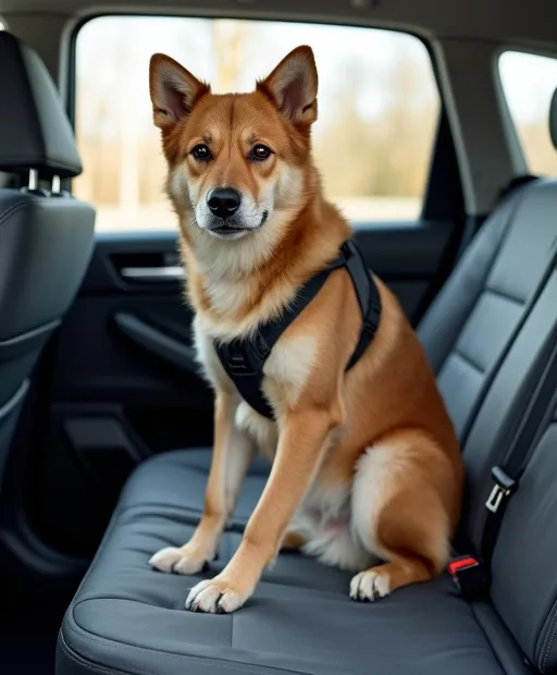 Hund i bil med bilsele och baksätesskydd för en säkrare och renare resa.