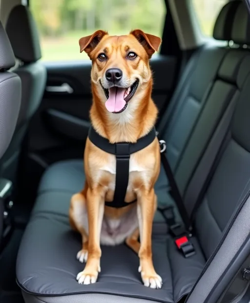 Hund sitter säkert i baksätet med bilsele och baksätesskydd.