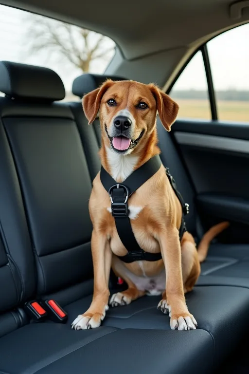 Hund i bil med korrekt fastsatt sele i ett lugnt baksäte.