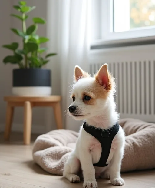En liten hund med sele bredvid en mjuk hundbädd i ett lugnt hem.