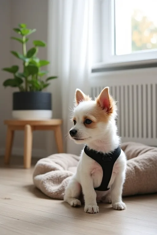 En liten hund med sele bredvid en mjuk hundbädd i ett lugnt hem.