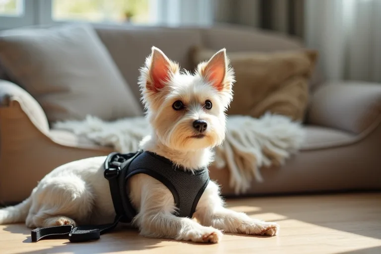 Sele och bädd som passar en liten hund i en lugn vardagsmiljö.