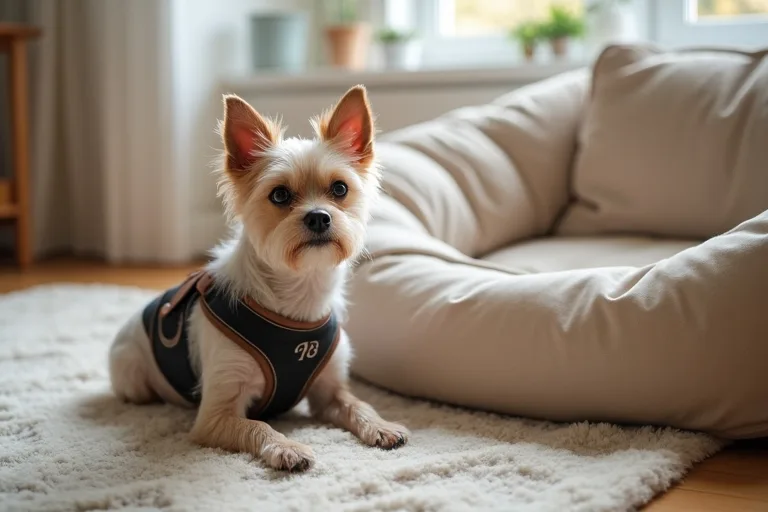En liten hund i ett lugnt hem med tydliga viloplatser och vardagsro.