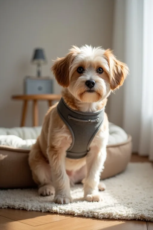 En liten hund i hemmiljö med vardagsutrustning som passar storleken.