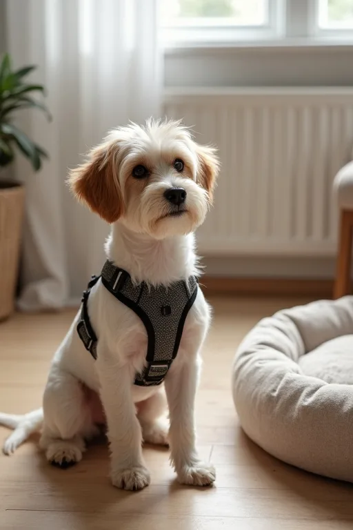 En liten hund med en sele som sitter nära kroppen i en lugn hemmiljö.