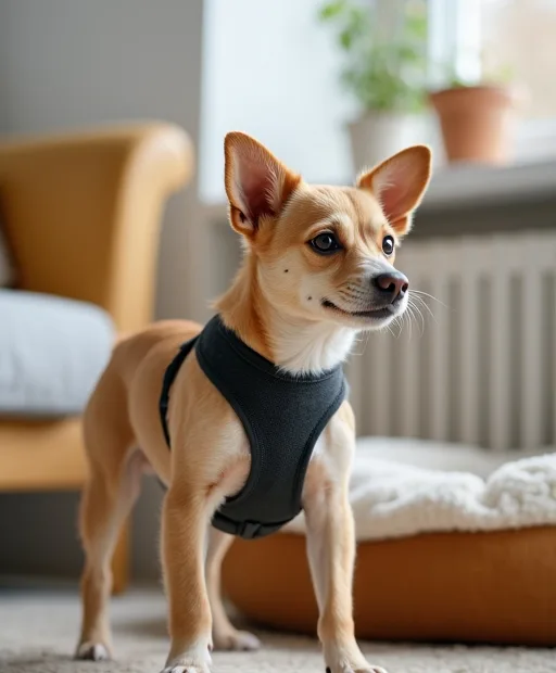 En liten hund med sele bredvid en lugn bädd i ett hem.