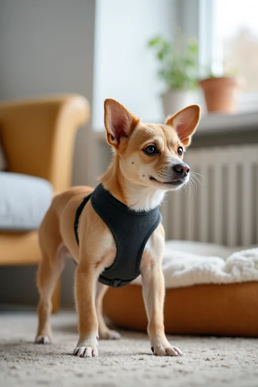 En liten hund med sele bredvid en lugn bädd i ett hem.