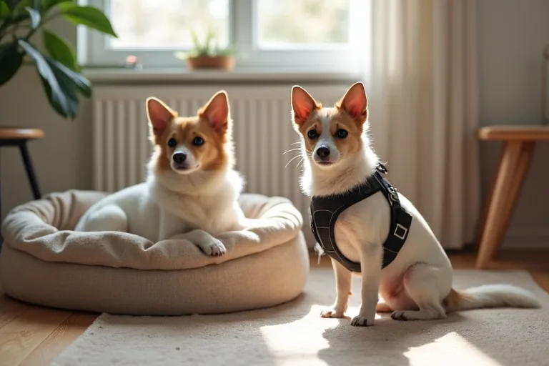 Sele och bädd anpassade för mindre hundar i en lugn vardagsmiljö.