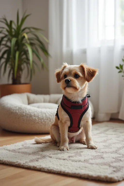 En liten hund som vilar nära en trygg och ombonad bädd.