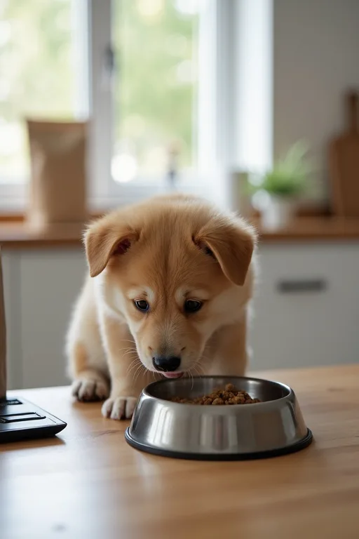 Valp som äter ur skål bredvid en påse hundfoder på ett köksbord