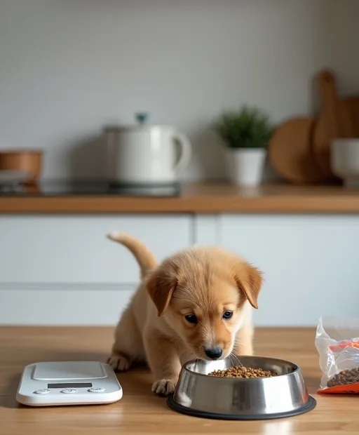 Valp som äter ur skål i ett lugnt kök med digital våg och hundfoder i bakgrunden