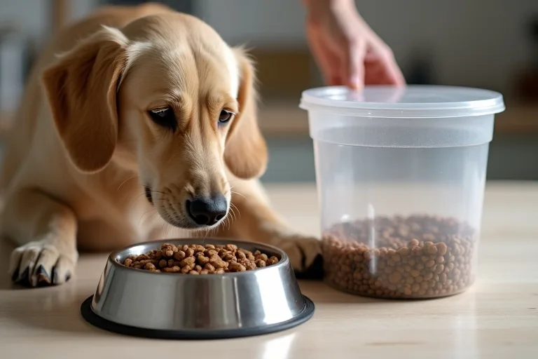 Hundägare häller upp hundfoder i en skål i ett ljust kök
