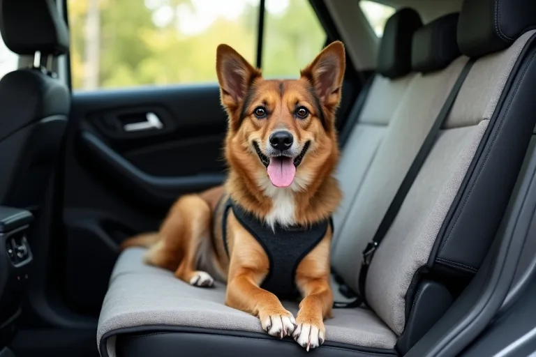 Hund som sitter säkert i bilen under resa