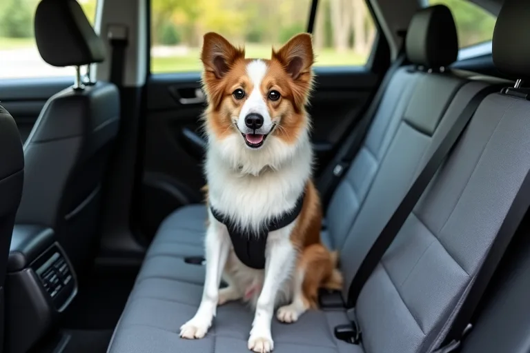 En hund sitter tryggt i bilen under resa med sele, filt och lugn placering i baksätet