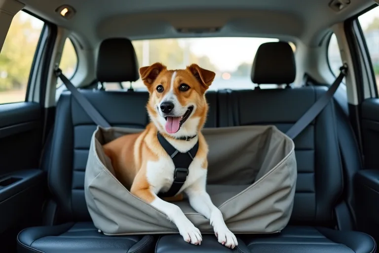 En hund sitter säkert i bilen med bilsele och skydd i baksätet