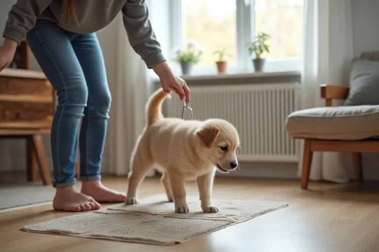 En valp tränas lugnt hemma i en trygg miljö med tydliga rutiner