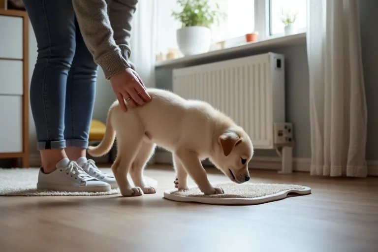 En valp tränas lugnt i hemmet under rumsrenhetsträning