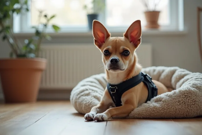 En liten hund med sele ligger på en mjuk hundbädd i ett ljust hem