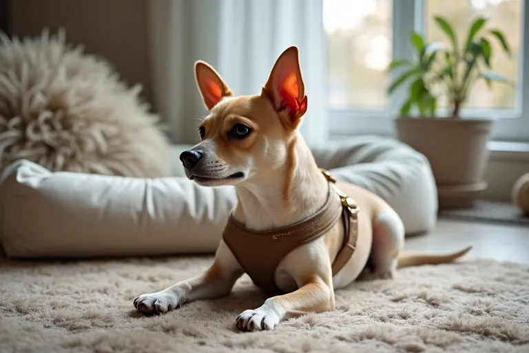 En liten hundras med sele och hundbädd i ett lugnt hem