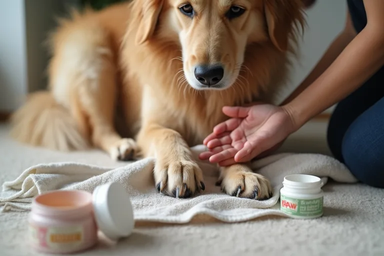 En hundägare gör enkel vardagsvård av tassar hemma efter promenaden